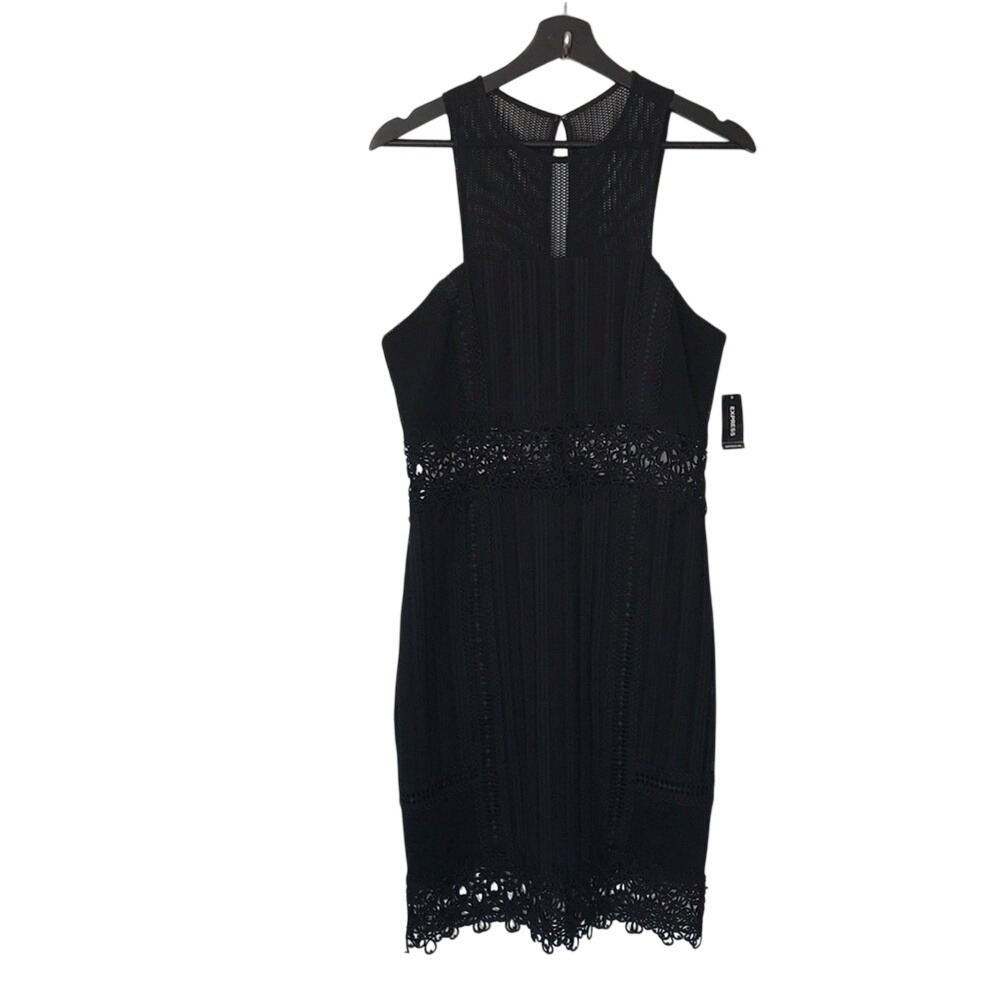 Express Women's 10 Lace Cutout Dress Black Mesh High Neck Cocktail LBD